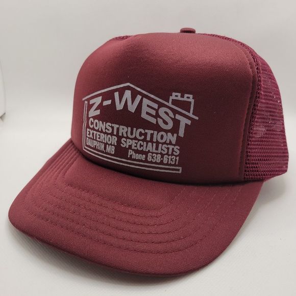 Vintage Dark Red Foam Mesh Snapback Trucker Hat Stacked Z-West Construction Logo - Picture 2 of 12